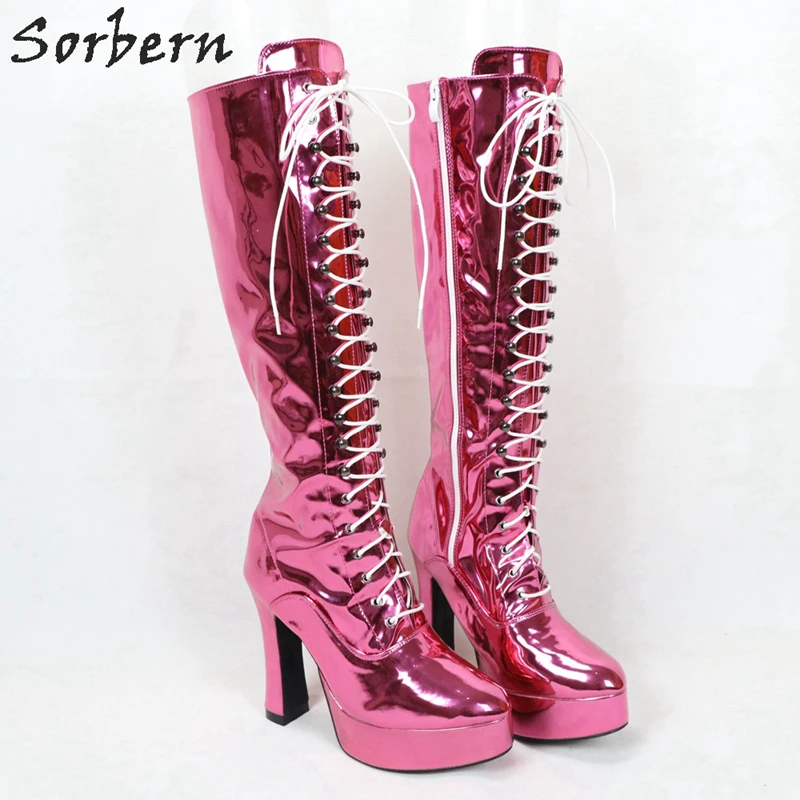 

Sorbern Fuchsia Metallic Knee High Boots Platform Chunky High Heel Unisex Crossdresser Boot Shoes For Drag Queen Custom Color