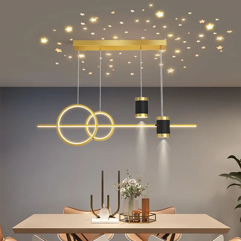 Modern LED Hanging Lights Restaurant Iron Gold Black Long Strip Starry Sky Top Hotel Dining Table Living Room Bar Pendant Lamp