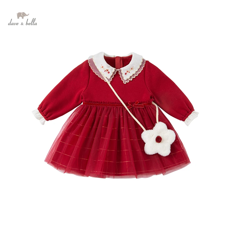 DBM19973 dave bella winter baby girls fashion bow mesh dress with a small bag party dress kids girl infant lolita 2pcs clothes