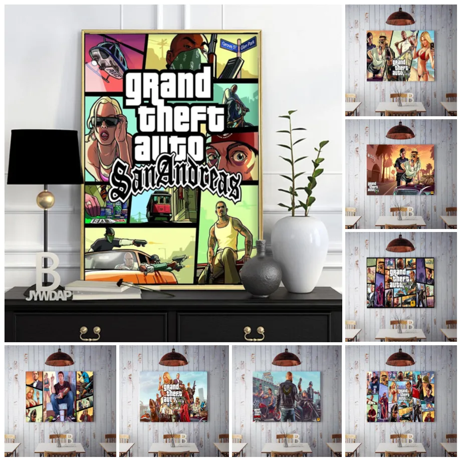 GTA 5 San Andreas Vice City Vintage Canvas Art Print Painting Poster Wall Pictures For Living Room Home Decoration Wall Decor