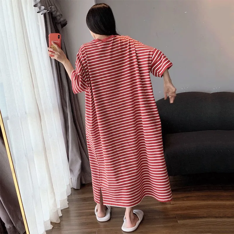 6XL Women Short Sleeve Homewear Nightdress Striped Nightwear Home Dressing Gown Summer New Robe Long Nightgown