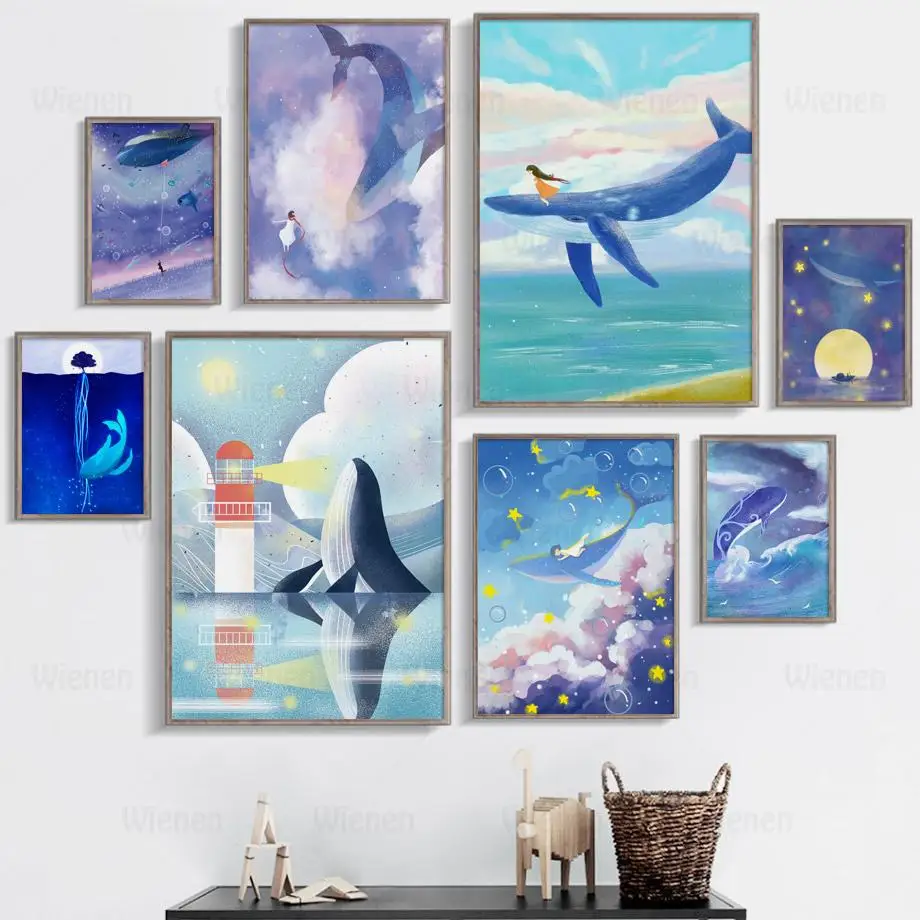 

Cartoon Dreamy Painting On The Wall Whale Girl Star Moon Animals Canvas Poster Wall Art Pictures for Children Room Nursery