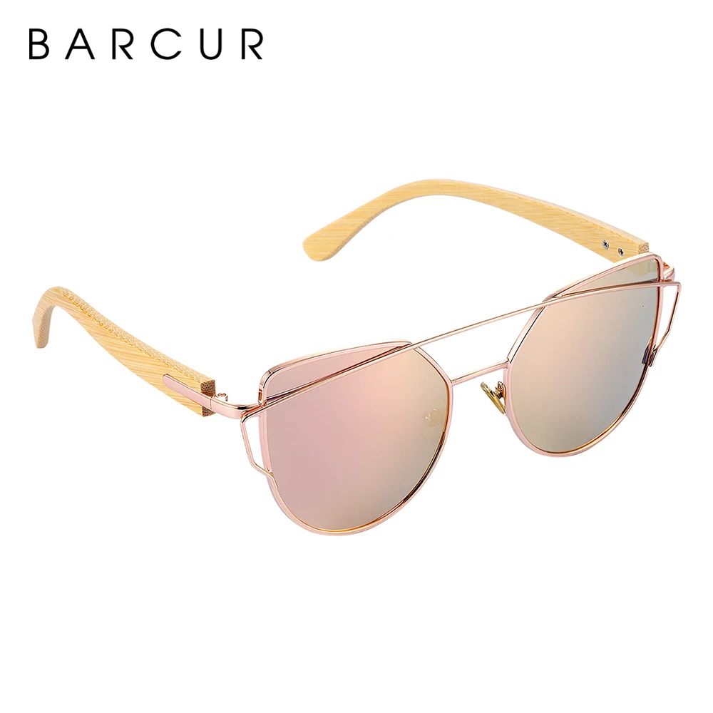 BARCUR ไม้ไผ่ Cat Eye แว่นตากันแดด Polarized กรอบโลหะแว่นตาไม้หรูหราของผู้หญิงแฟชั่น Sun Shades กับกล่องฟรี