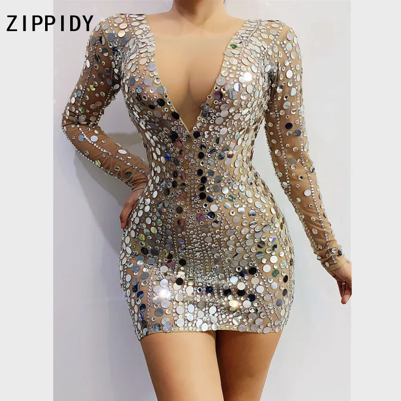 Bling Silver Sequins Rhinestones Mesh MINI Dress Female Singer Dancer Dress Stage Wear Women's Birthday Celebrate Dress