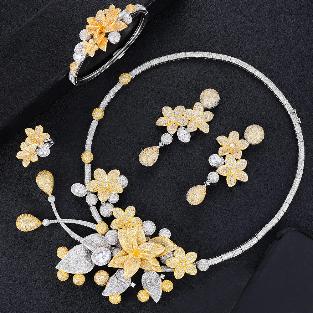 GODKI 4PC BIG Flower Leaf Luxury African Jewelry Set For Women Wedding Party Naija Bride Necklace Dubai Bridal Dress Jewelry Set