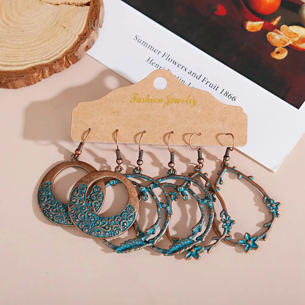 Bohemian Retro Ethnic Style Earrings 3 Piece Set Bronze Color Small Flower Winding Shape Ring Pendant Earrings 2023 Jewelry Gift