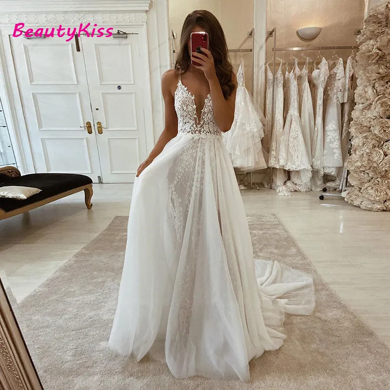 Boho Spaghetti Straps Wedding Dress Lace Appliques A-Line Long Bridal Dresses robe de mariage