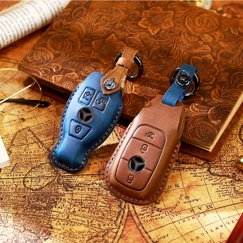 

Handmade Leather Key Case Cover Remote Shell For Mercedes-Benz New E-Class C-Class C200E200LE300 Crazy Horse Leather