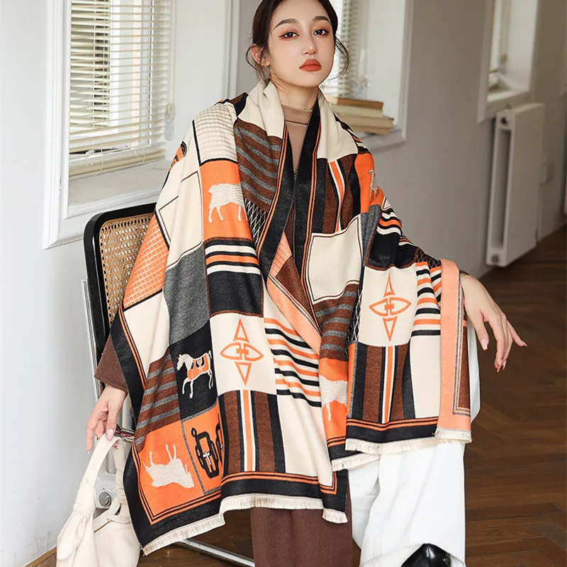 

New Ladies Fashion European and American Style Horse Pattern Printing Cashmere Shawl Multifunction Warm Scarf Gift