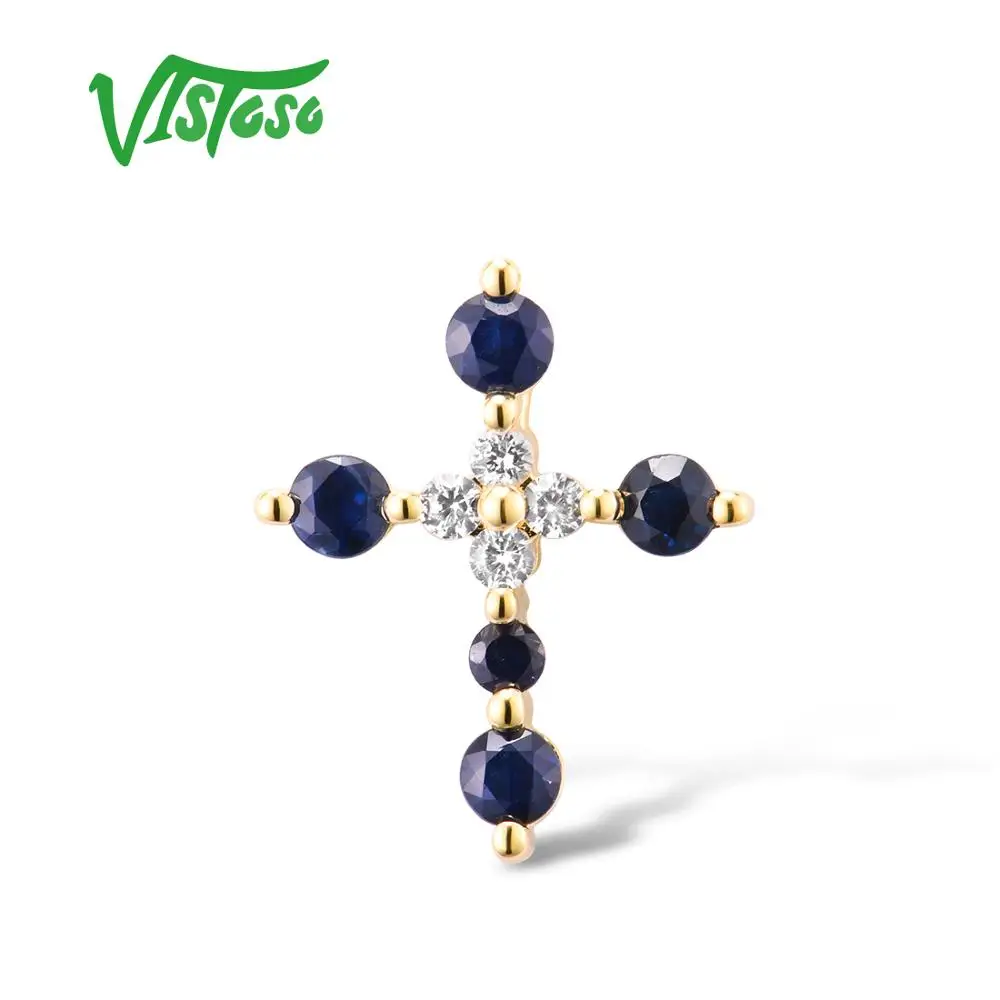 VISTOSO Gold Pendants For Women Authentic 14K 585 Yellow Gold Cross Pendant Blue Sapphire White Sapphire Elegant Fine Jewelry