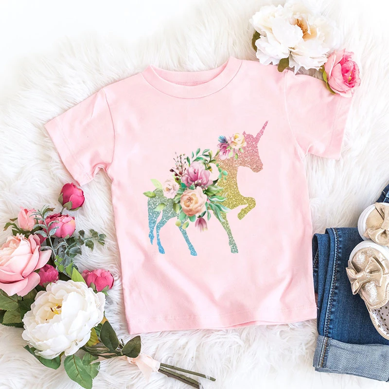 Funny t-shirt shiny unicorn graphic print girls t shirt summer cute toddler baby tshirt fashion girls pink short-sleeved tops