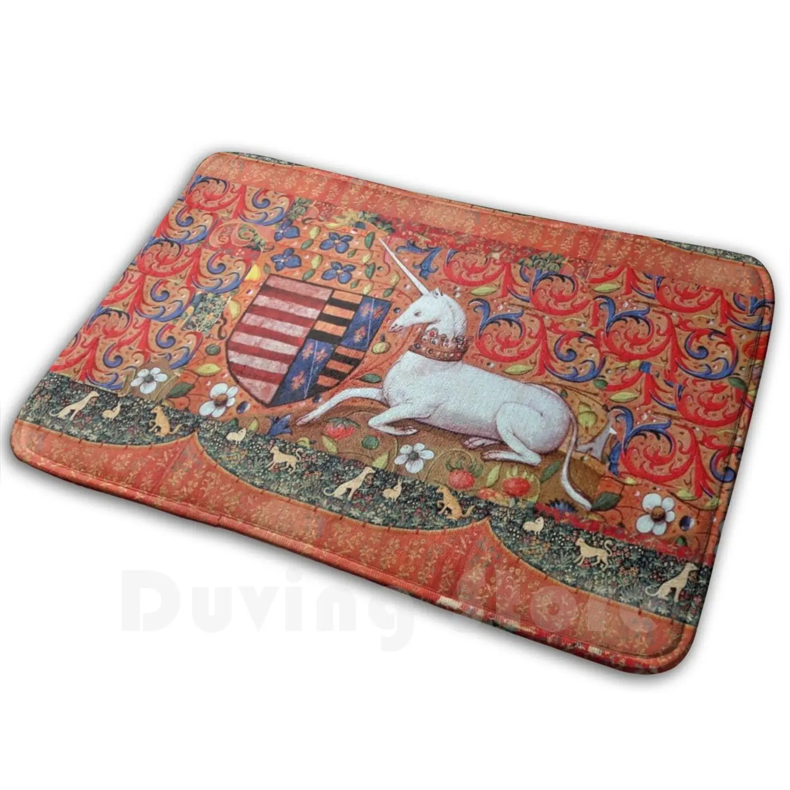 Unicorn , Fantasy Flowers , Animals Medieval Heraldic Motifs Carpet Mat Rug Cushion Soft Unicorn Animals Floral Flower