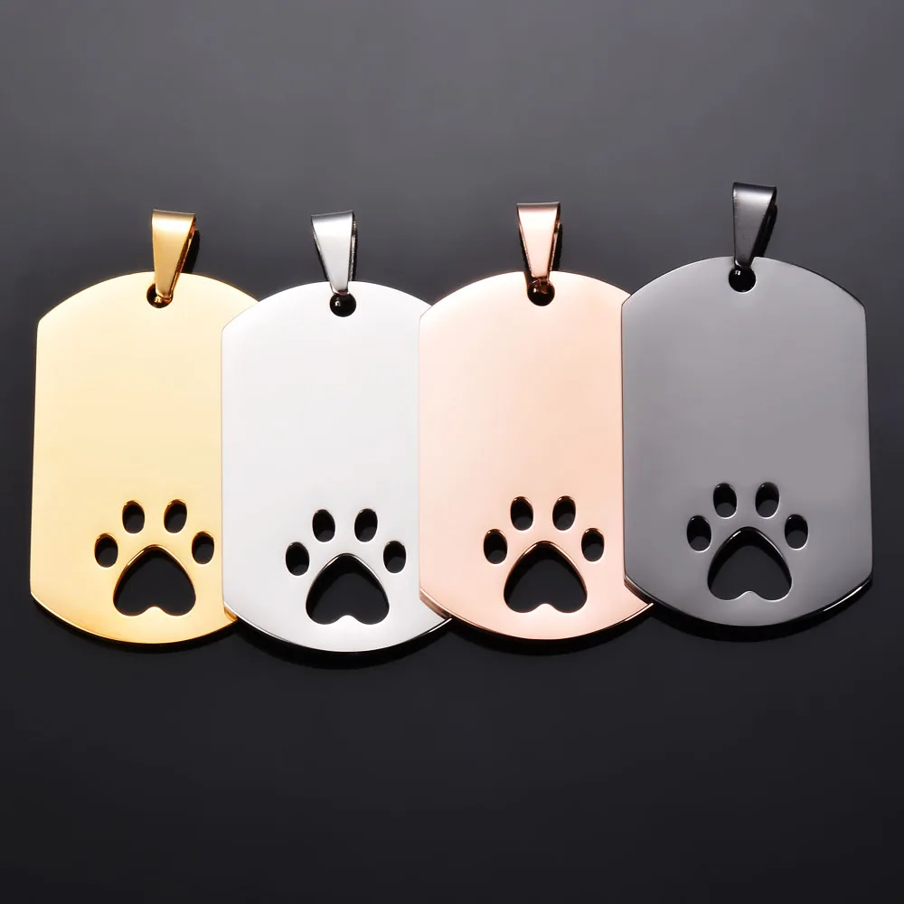 5Pcs High Quality Rectangle Hollow Paw Print Tags Pendant Dog ID Stainless Steel Blank Dog Tags 4 colors Both side Polished