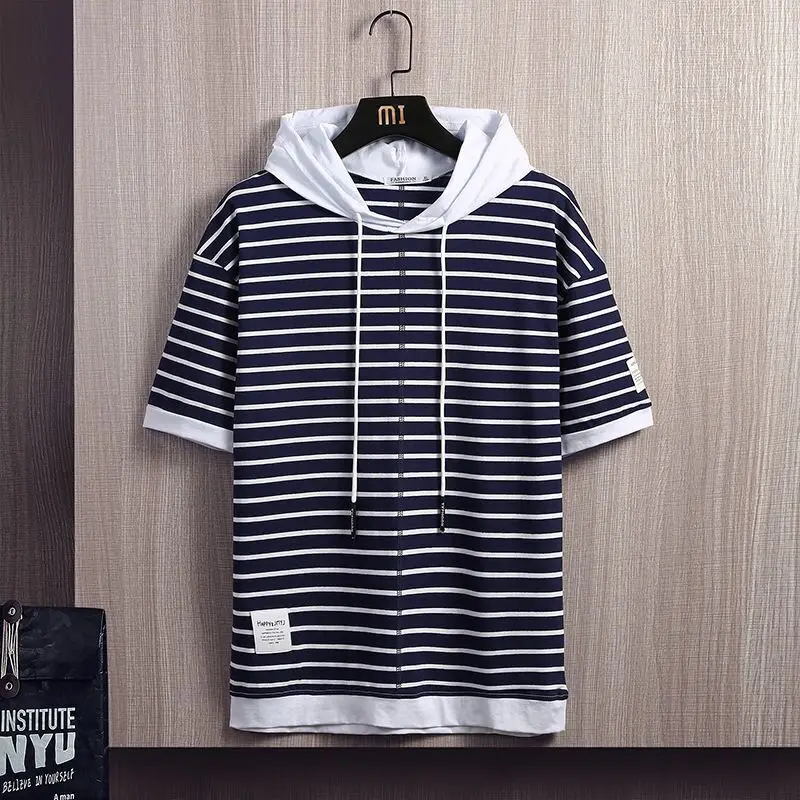 Mens Casual Striped T-shirts Summer New Male Oversized Short Sleeve Tops Tees Harajuku Men Hooded T Shirt Hip Hop Streetwear