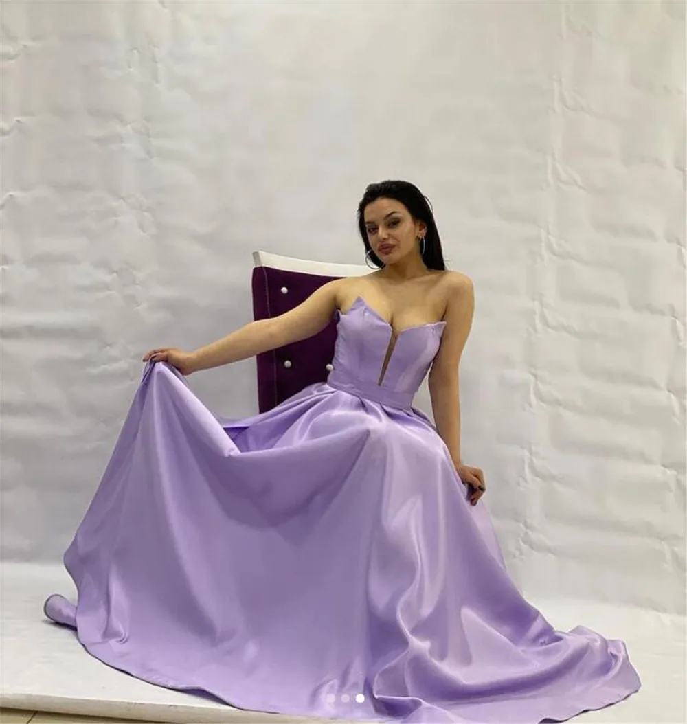 Eeqasn Lilac Satin Evening Party Dresses Long Scalloped Neckline Prom Gowns With High Slit Women Formal Special Occasion Dress