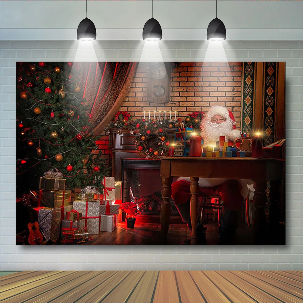 Christmas Santa Claus Photography backdrop Gift Christmas Tree Party Photo background Fireplace Shiny Bells Red Background