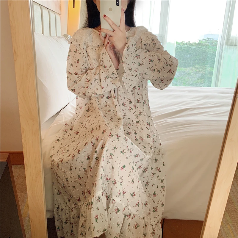 Autunm Women Loose Cotton Linen Sleepdress Lace Ruffles Nightdress Chic Girls Spring Sweet Long Sleeve Floral Printed Nightgown