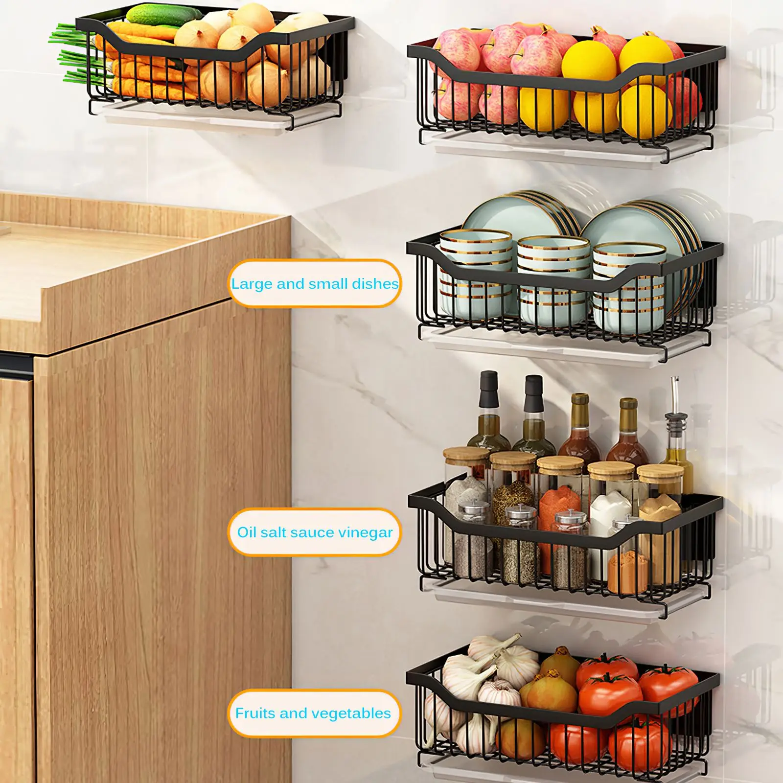 Wall Mounted Kitchen Storage Basket, Metal Organizer Storage Rack For Spice vegetable Fruit