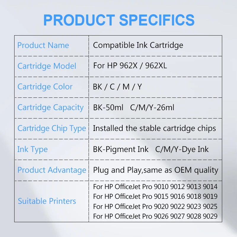 [Third Party Brand] For HP 962XL 962X 962 XL Replacement Ink Cartridge For HP OfficeJet Pro 9010 9012 9015 9016 9020 9025 9026