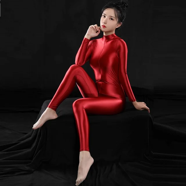 Sexy kobiety X-duży zamek błyskawiczny otworzyć Body wysoka elastyczna mocno kształtowanie Sheer Catsuit gładka pełna długość trykot Hot bodystocking
