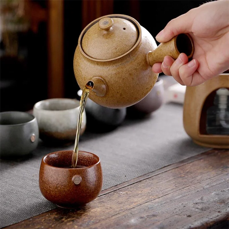 350ml Japanese Style Coarse Pottery Teakettle Long Handle Teapot Handmade Retro Large Capacity Tea Cup Kung Fu Tea Teaware