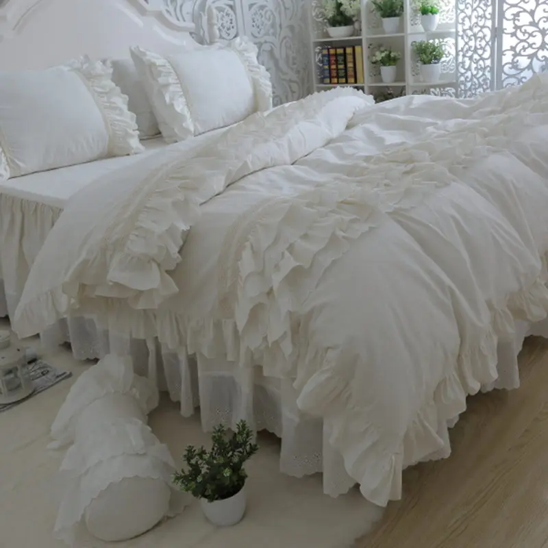 Amazing luxury bedding set king size embroidery big ruffle lace layer duvet cover bedspread princess bed linen pillowcase HM-02W