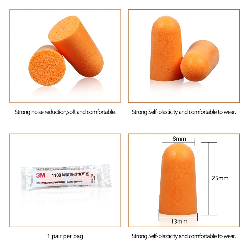 3M 1100 Foam Ear Plug Uncorded Earplugs 29 dB Noise Reduction Rating 10 Pairs Individual Packaging