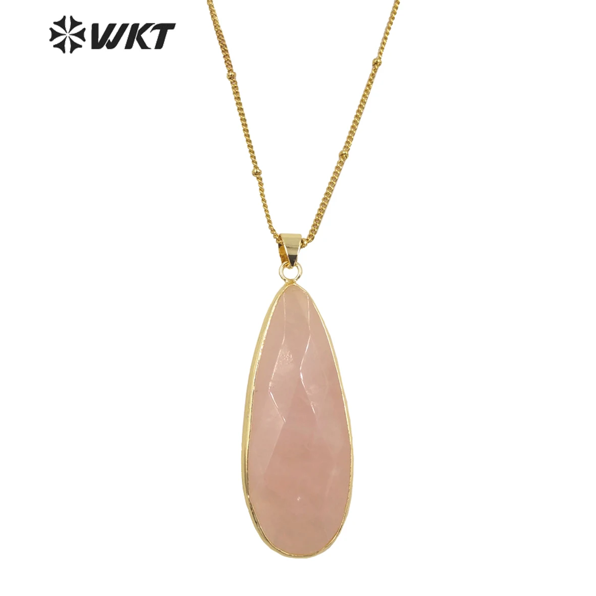 WT-N1347 WKT 2023 Attractive Natural Pink Stone Necklace Long Oval Pink Quartz Pendant For Girls Jewelry Necklace Wedding Party