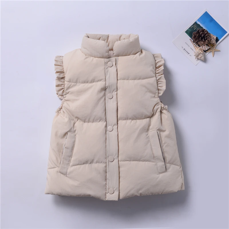 Winter Baby and Girls Ruffled Sleeves Single-Breasted Puffer Vest Jackets School Kids Down Waistcoat Child Outfit Tops 2-10 Yr