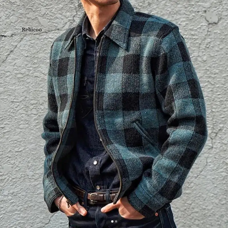 

Spring Autumn Men's Button Plaid Jacket Turndown Collar Casual Long Sleeve Top Blouse Casual Camisa Masculina