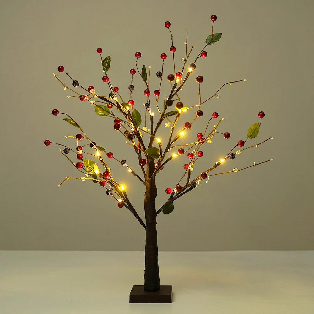 Battery Bedside Lamp Garland Light Tabletop Bonsai Tree Light Holiday Decoration Branches Night Light Red Beads Christmas Lights