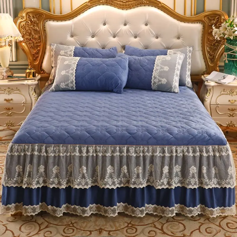 Crystal velvet quilted padded bed skirt Thicken warm lace side bed sheets King Queen Size bedspread Mattress Cover