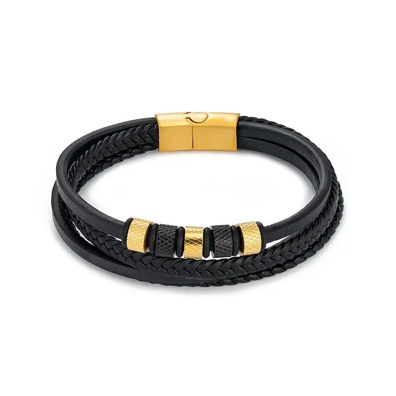 Luxury Stainless Steel Beaded Bracelet Fashion Men\'s Jewelry Classic Multilayer Braided Leather Bracelet Homme New Year Men Gift