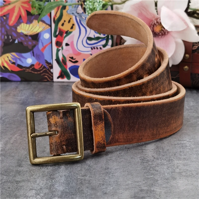 Retro  Jeans Leather Belt Men Ceinture Vintage Brass Belt Buckle Genuine Leather Belts For Men Long Waist Belt Male MBT0009