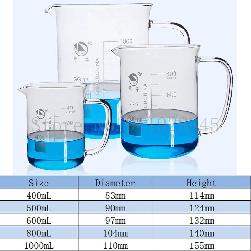 400 500 600 800 1000mL Labotatory Borosilicate 3.3 Glass Beaker with Handle Lab Scale Measuring Cup