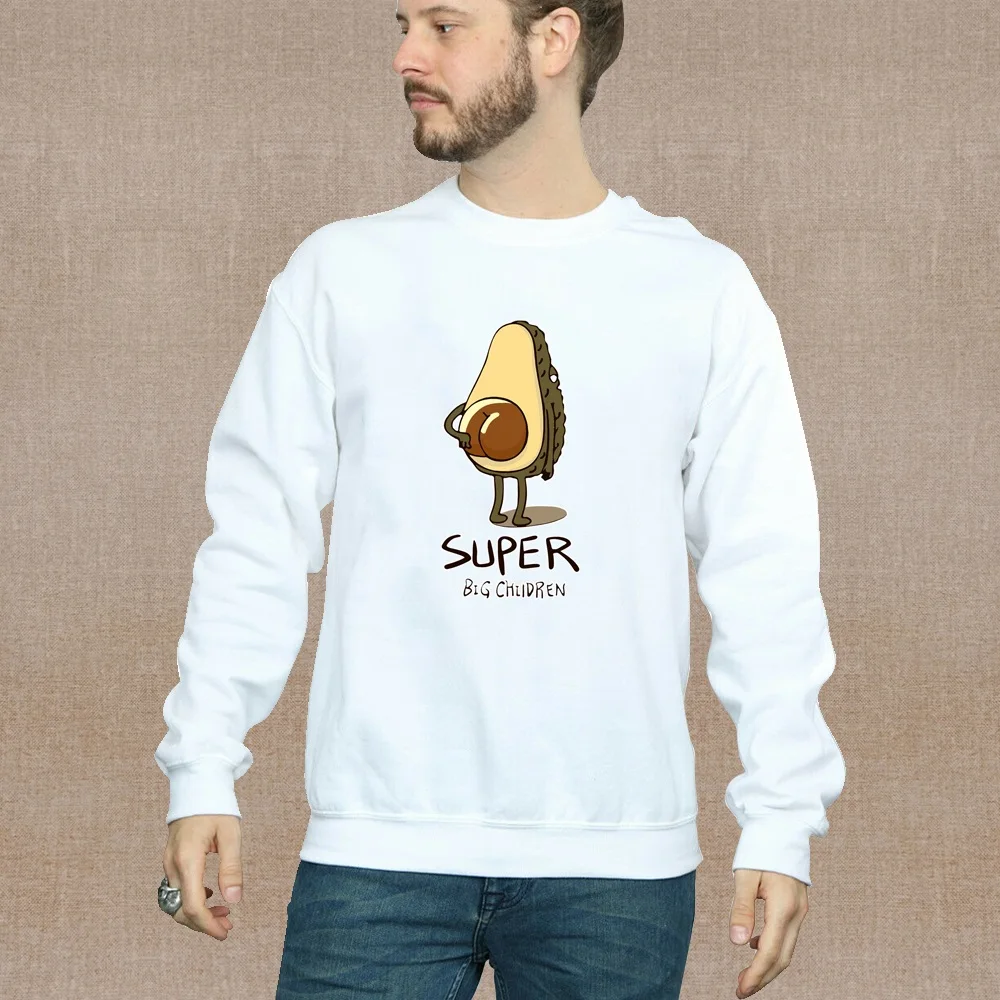 Men's Sweatshirt Fashion Simple White Pullover Cartoon Avocado Print Series O-neck Casual Autumn Warm Long-sleeved Hoodie Trend