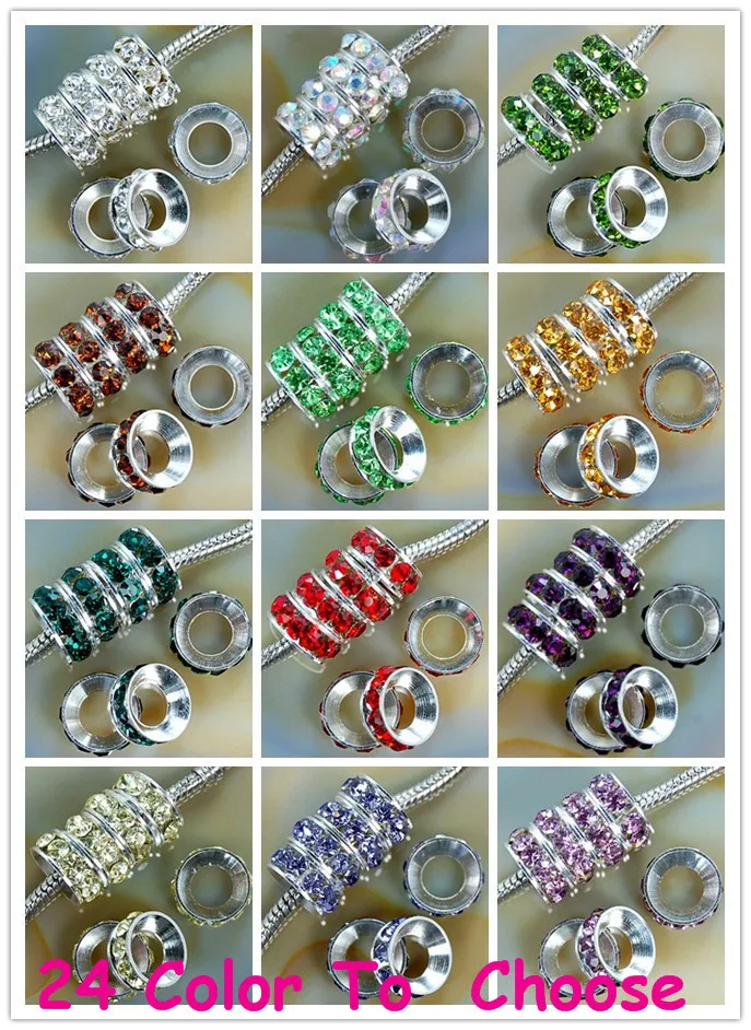 hrg34 10mm Mixed 12 Color Each 100 Pieces Rhinestone Crystal Rondelle Spacer Beads Lot,Rhodium Plated European Beads 