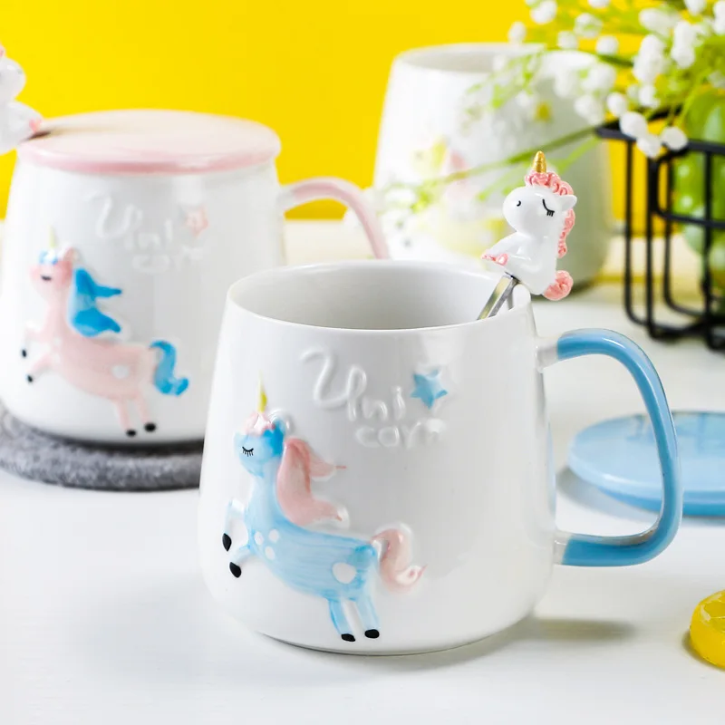 400ML Cute Unicorn Cartoon Relief Office Coffee Breakfast Mug Large Capacity Mug Tumbler Cups Coffee Mug