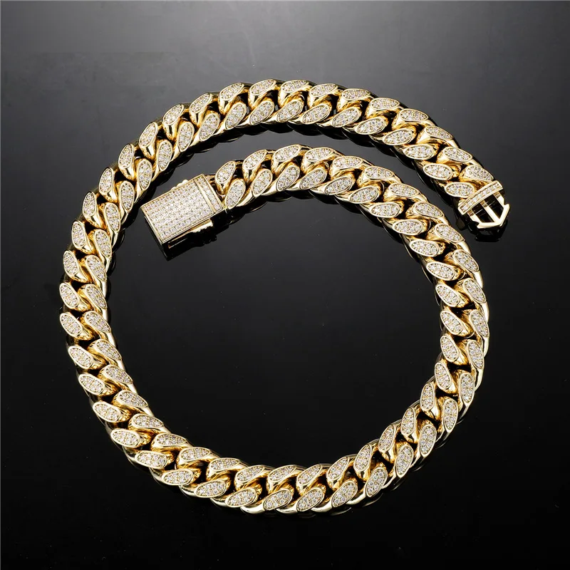 

HIP Hop 5A+ CZ Stone Paved Bling Iced Out 14mm Round Cuban Miami Link Chain Necklace for Men Rapper Jewelry Gold Silver Color