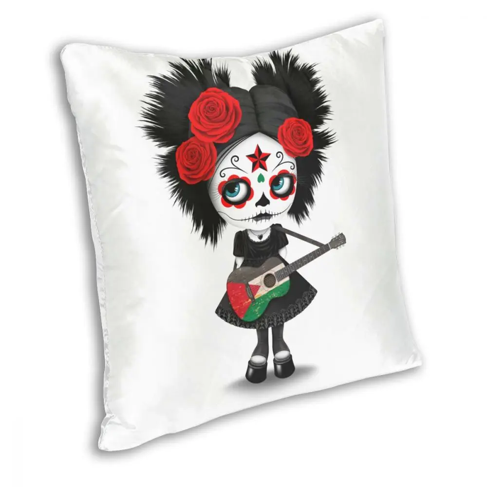 Sugar Skull Girl Playing Palestinian Flag Guitar Throw Pillow Cover Polyester Cushions for Sofa Halloween Horrible Pillowcase