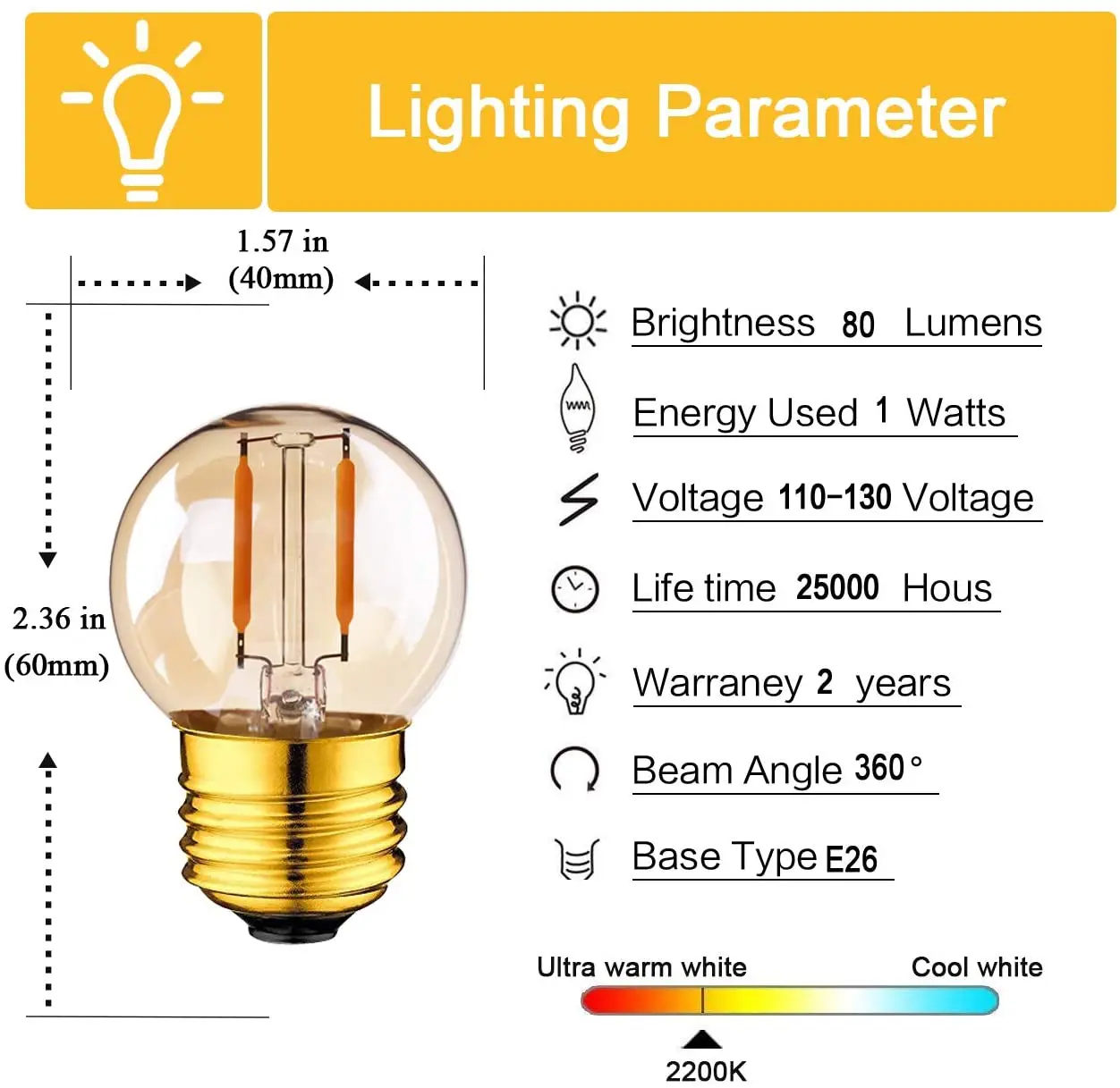 G40 LED Mini Globe Light Bulb 1W 3W Edison Filament Bulbs Ultra Warm White 2200K Vintage Decorative String LED Lamp E26 E27 Base