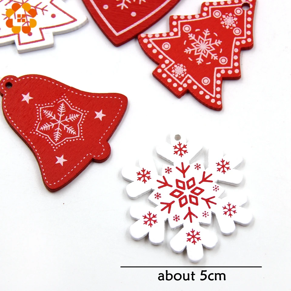 12PCS/Lot DIY White&Red Christmas Printed Wooden Pendants Ornaments For Kids Christmas Gifts Xmas Tree Ornaments Decorations