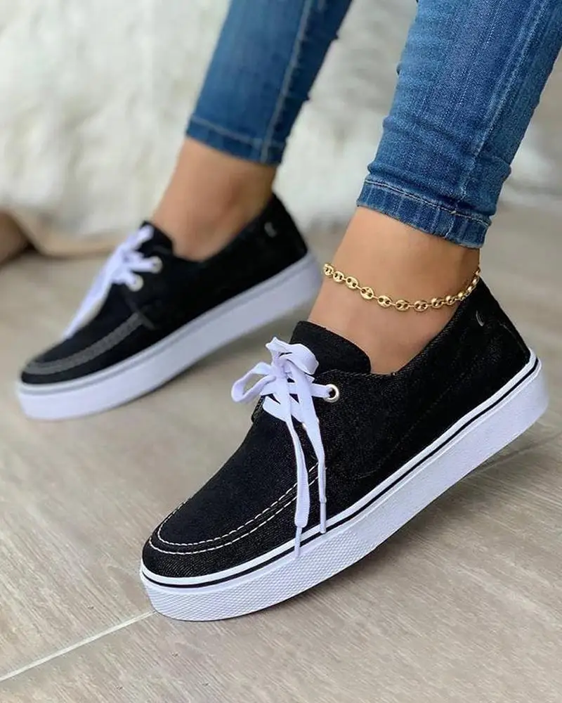 2021 Spring and Autumn Large Size Canvas Shoes Lace-up Shoes One-step Flat-bottomed Low-top Shoes Single Shoes Wild Loafers