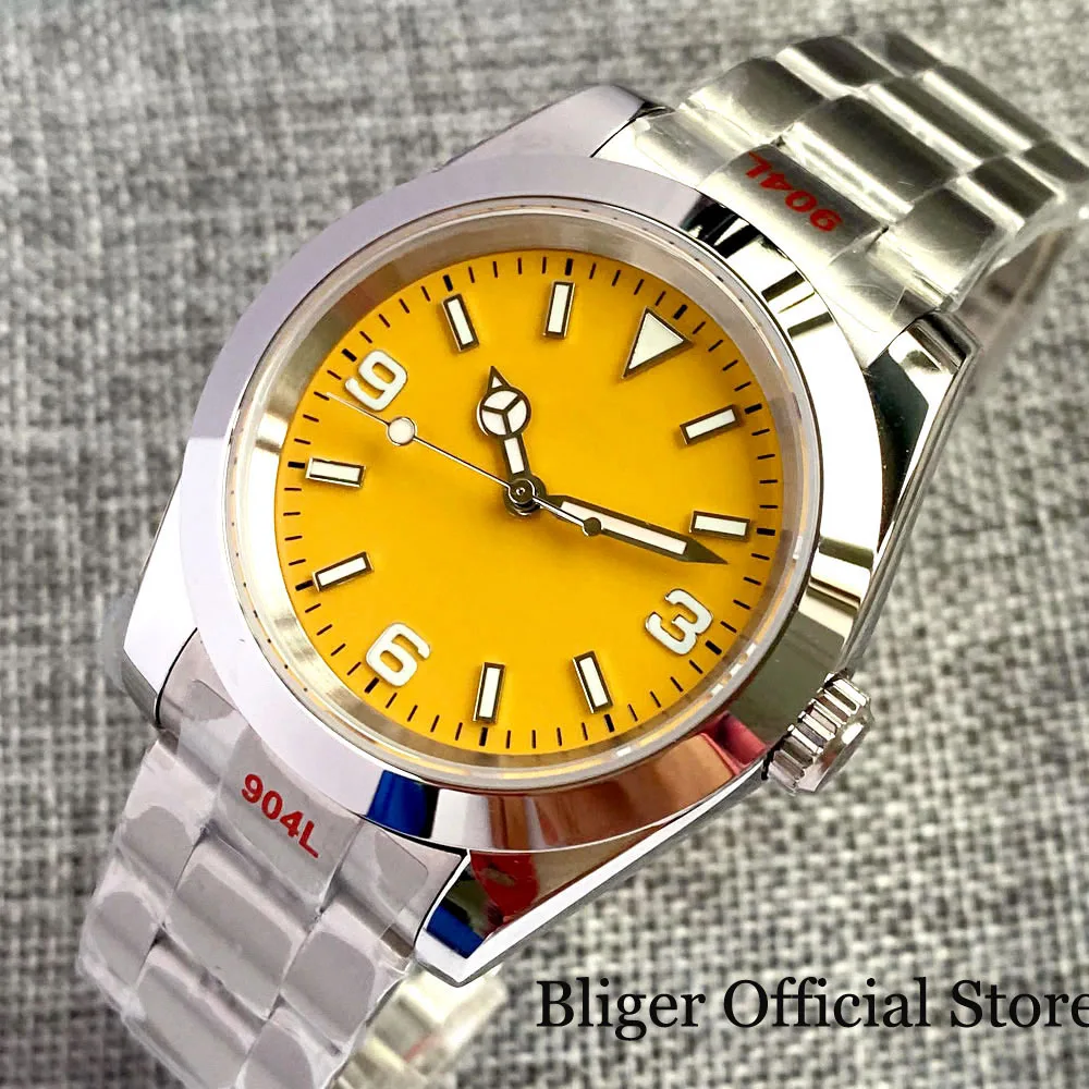 

BLIGER 36mm/39mm NH35A PT5000 MIYOTA 8215 Yellow/Blue/Orange Dial Automatic Men Watch Screw Crown Brush Strap Green Luminous