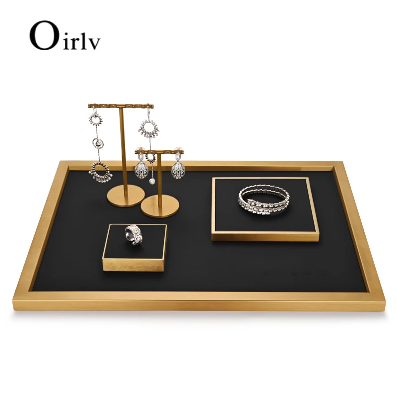 Oirlv Newly Metal Jewelry Display Prop Sets Light Luxury PU Leather Bracelet Ring Earrings Display Rack for Shop Cabinet