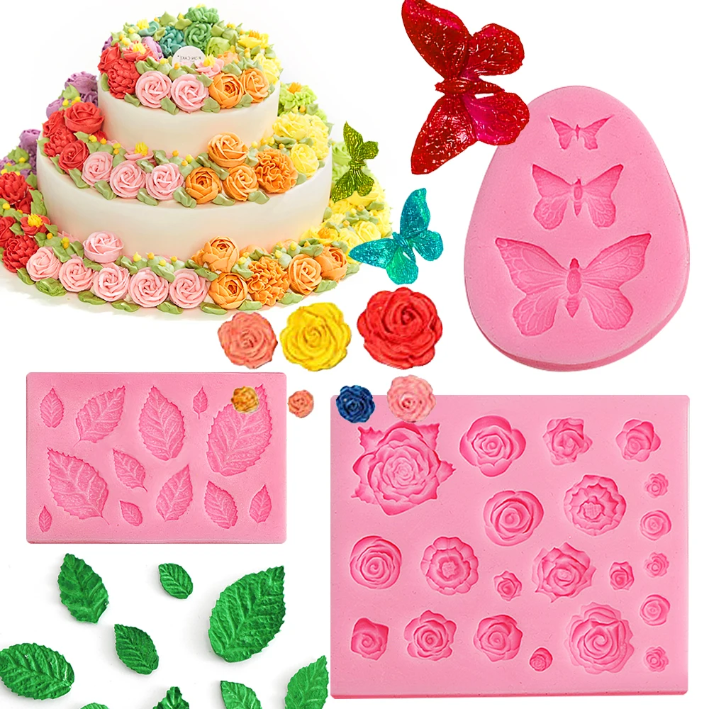 Rose Flower Butterfly Leaf Silicone Mold for Polymer Clay Chocolate Candy Molds 3D Craft Cupcake Fondant Cake Decorating Tool