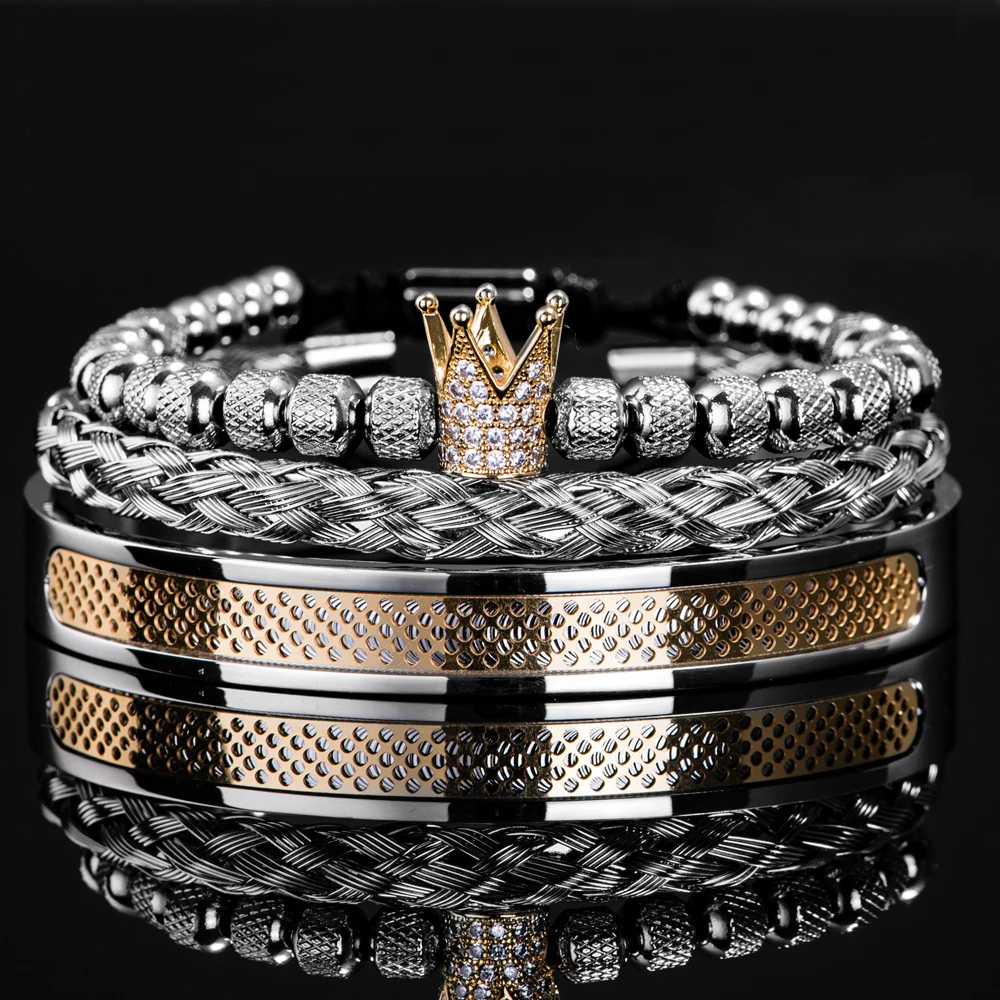 Luxury Set  Handmade Men Crown Bracelets Contrast Colour Bangles Hemp Rope Buckle Open Stainless Steel Micro Pave CZ Jewelry