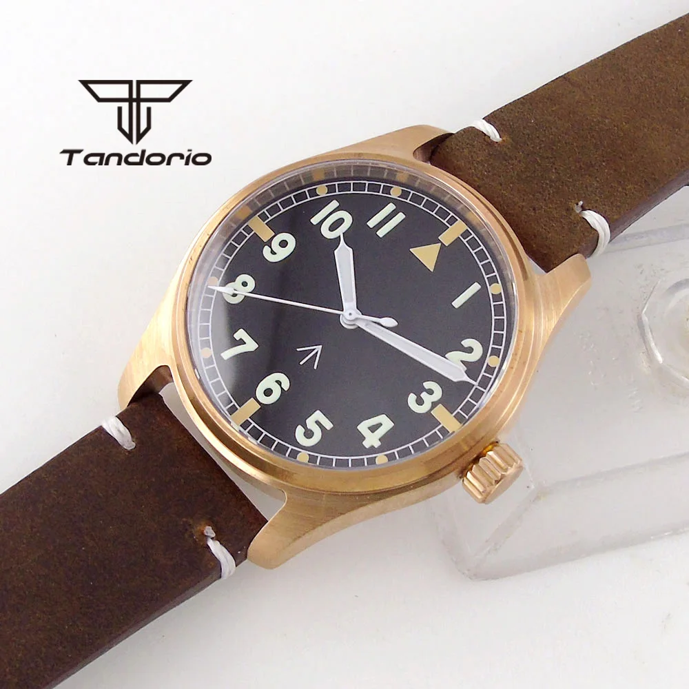 Tandorio CUSN8 Solid Bronze PT5000 NH35A 20ATM Automatic Diver Men\'s Watch Sapphire Glass Lume Dial Arabic Marks Leather Strap