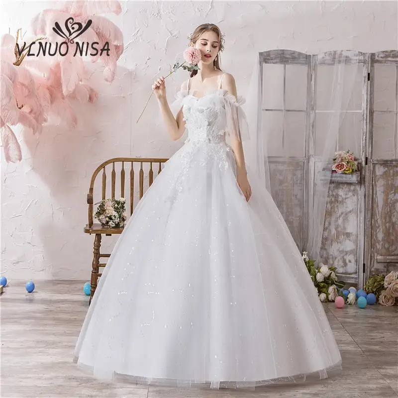 

Chaep simple Ball Gown Spaghetti Straps Off White Tulle Wedding Dress 2020 with Flower Bridal Dress Marriage Customer Plus Size