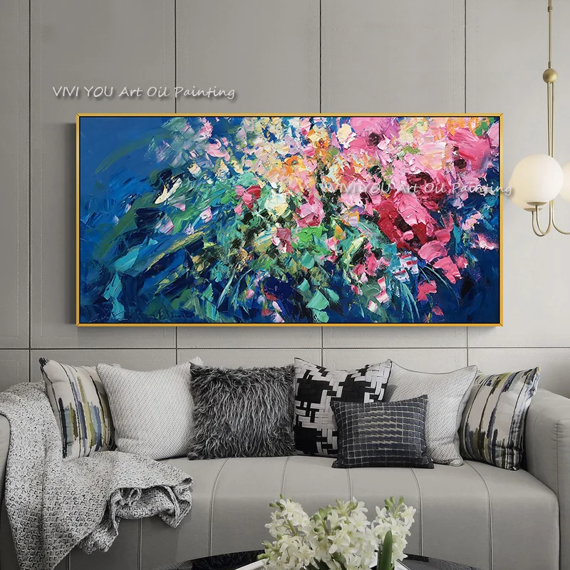 The Best Blue Color Handmade Modern Abstract Thick Oil Painting On Canvas Knife Nature Wall Art Decor for Home Flower Sea Graph